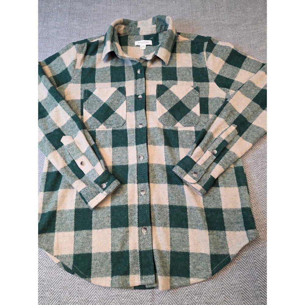 Beachlunchlounge Flannel Shirt Womens Small Green Beige Buffalo Plaid Button Up